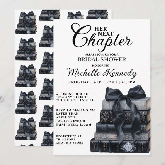 Elegant Black & White Book Themed Bridal Shower  Invitation (Front/Back)