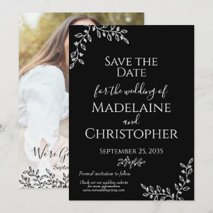 Elegant Black White Botanical Boho Photo Wedding Save The Date