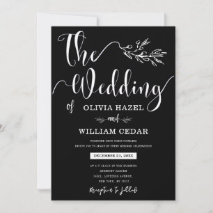 Elegant Black White Botanical Calligraphy Wedding  Invitation