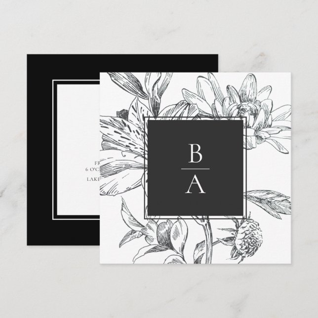 Elegant Black White Botanical Floral Wedding Invitation (Front/Back)