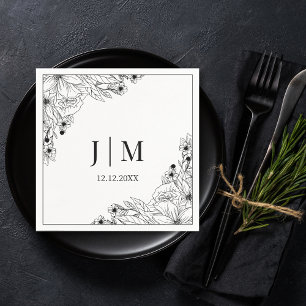 elegant black & white botanical monogram wedding napkin