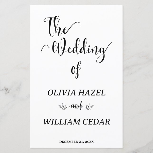 Elegant Black White Botanical Wedding Program (Front)