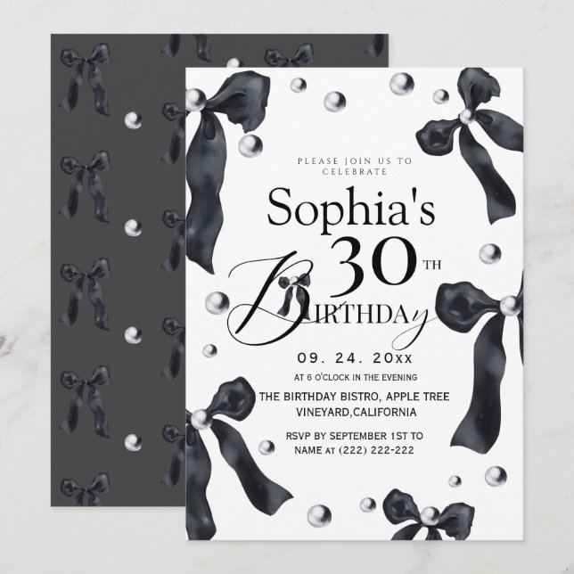 Elegant Black & White Bow Birthday   Invitation (Front/Back)