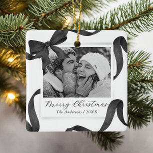 Elegant Black White Bow Photo Holiday Ceramic Ornament