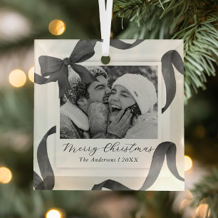 Elegant Black White Bow Photo Holiday Glass Ornament
