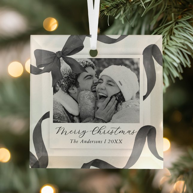 Elegant Black White Bow Photo Holiday Glass Ornament (Creator Uploaded)