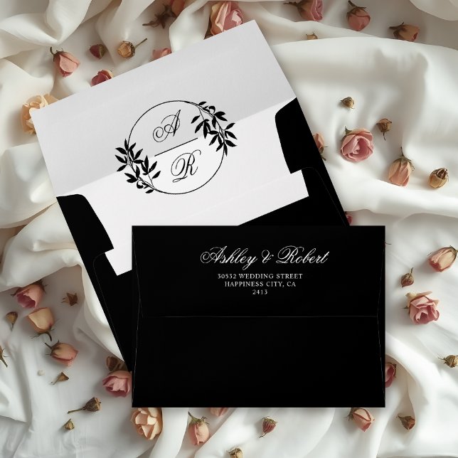 Elegant black, white branch and initials wedding envelope (Creator Uploaded)