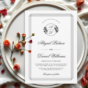 Elegant black, white branch and initials wedding invitation