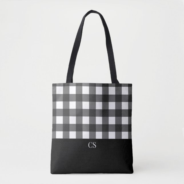 Elegant Black White Buffalo Plaid with Monogram Tote Bag (Front)