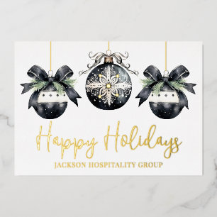 Elegant Black White Business Logo Christmas Gold Foil Holiday Card