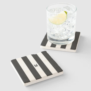 Elegant Black & White Cabana Stripe Monogram Stone Coaster