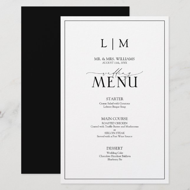 Elegant Black & White Calligraphy Monogram Menu (Front/Back)