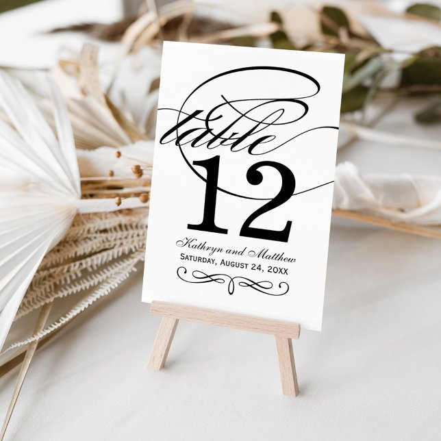 Elegant Black White Calligraphy Monogram Wedding Table Number (Creator Uploaded)