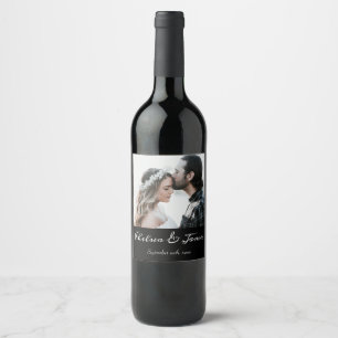 Elegant Black & White Calligraphy Photo Wedding  Wine Label