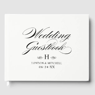 Elegant Black White Calligraphy Wedding Monogram Guest Book
