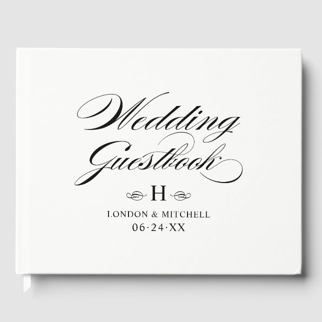 Elegant Black White Calligraphy Wedding Monogram Guest Book (Front)