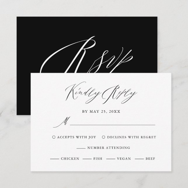 Elegant Black White Calligraphy Wedding RSVP Card (Front/Back)