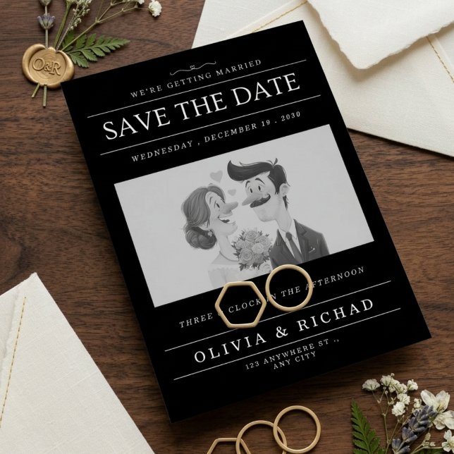 Elegant Black & White Cartoon Couple Wedding Save  Invitation (Creator Uploaded)