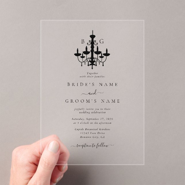 Elegant Black White Chandelier Monogram Wedding Acrylic Invitations (Insitu (Handheld))