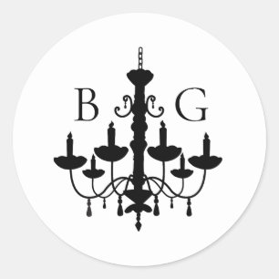Elegant Black White Chandelier Monogram Wedding Classic Round Sticker