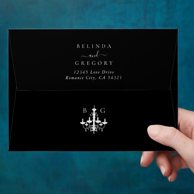 Elegant Black White Chandelier Monogram Wedding Envelope (Hand)