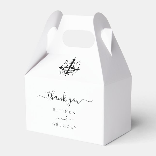 Elegant Black White Chandelier Monogram Wedding Favor Box (Front Side)