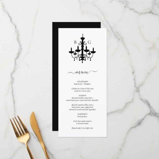 Elegant Black White Chandelier Monogram Wedding Menu (Front/Back In Situ)