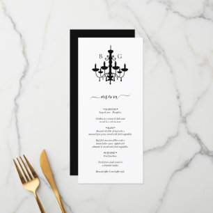 Elegant Black White Chandelier Monogram Wedding Menu
