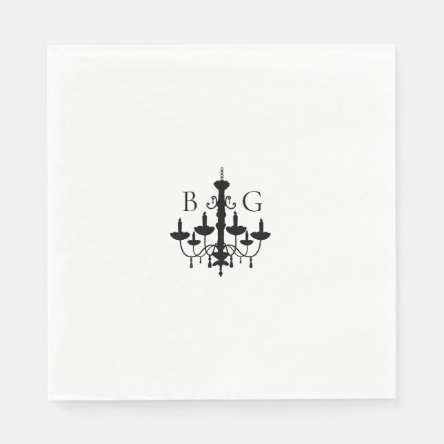 Elegant Black White Chandelier Monogram Wedding Napkin (Front)