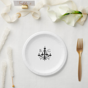 Elegant Black White Chandelier Monogram Wedding Paper Plate