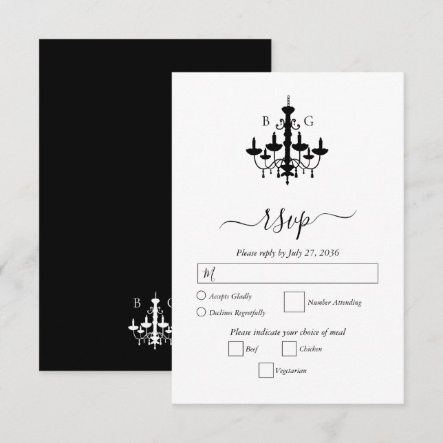 Elegant Black White Chandelier Monogram Wedding RSVP Card (Front/Back)