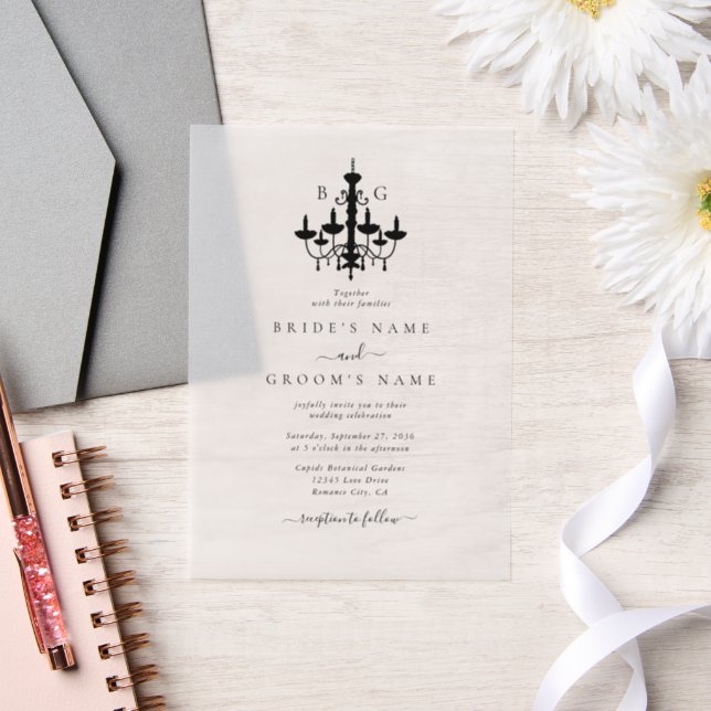 Elegant Black White Chandelier Monogram Wedding Vellum Invitations (Wedding)
