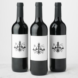 Elegant Black White Chandelier Monogram Wedding Wine Label