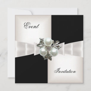 Elegant Black White Check Pearl Jewel Bow Invitation