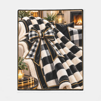 Elegant Black & White Chequerboard Gold Bow Cozy T Fleece Blanket