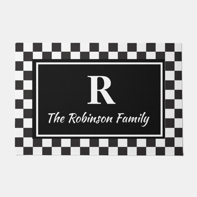 Elegant Black White Chequered Custom Monogram Doormat (Front)