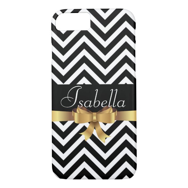 Elegant  Black white chevron golden bow monogram Case-Mate iPhone Case (Back)