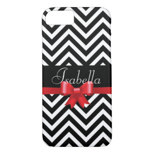 Elegant  Black white chevron red bow monogram iPhone 8/7 Case