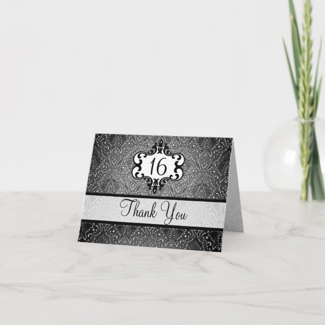 Elegant Black & White Chic Damask Thank You card (Front)