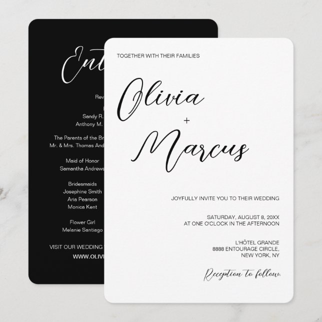 Elegant Black white Chic Script Wedding Entourage Invitation (Front/Back)