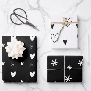 Elegant Black & White Christmas Hearts Snowflakes  Wrapping Paper Sheet