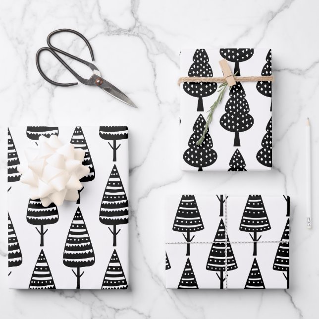 Elegant Black White Christmas Holiday Trees  Wrapping Paper Sheet (Front)