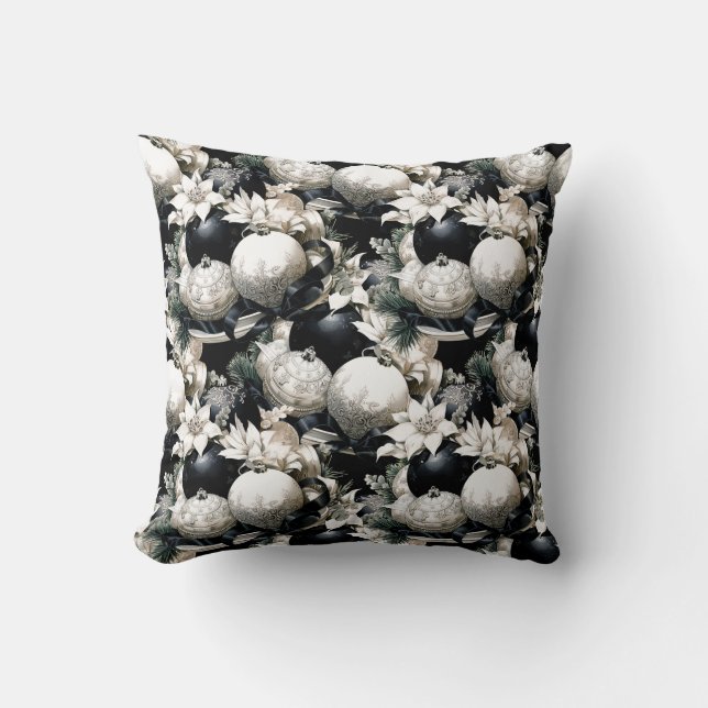 Elegant black white Christmas ornament pattern Throw Pillow (Front)