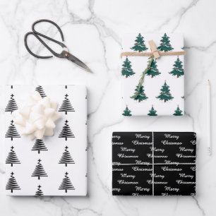 Elegant Black White Christmas Tree Pattern Gift Wr Wrapping Paper Sheet