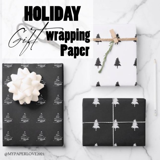 Elegant Black White Christmas Tree Pattern Gift Wrapping Paper Sheet (Creator Uploaded)