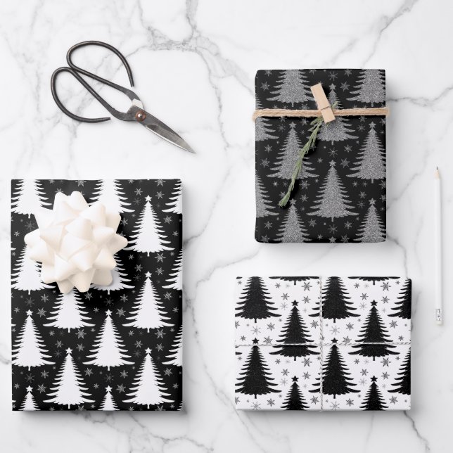 Elegant Black White Christmas Tree Pattern Glitter Wrapping Paper Sheet (Front)