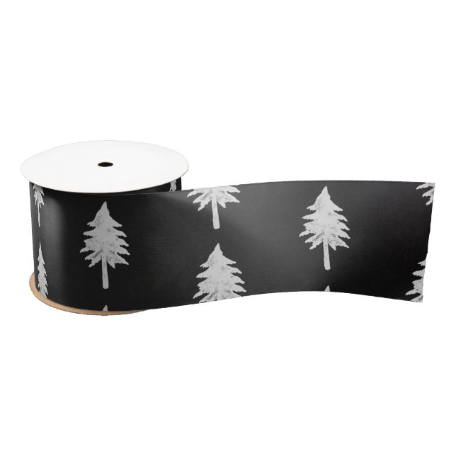 Elegant Black White Christmas Tree Pattern Satin Ribbon (Spool)