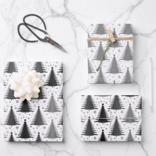 Elegant Black White Christmas Tree Pattern Wrapping Paper Sheet