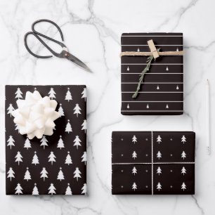 Elegant Black White Christmas Trees Wrapping Paper Sheet
