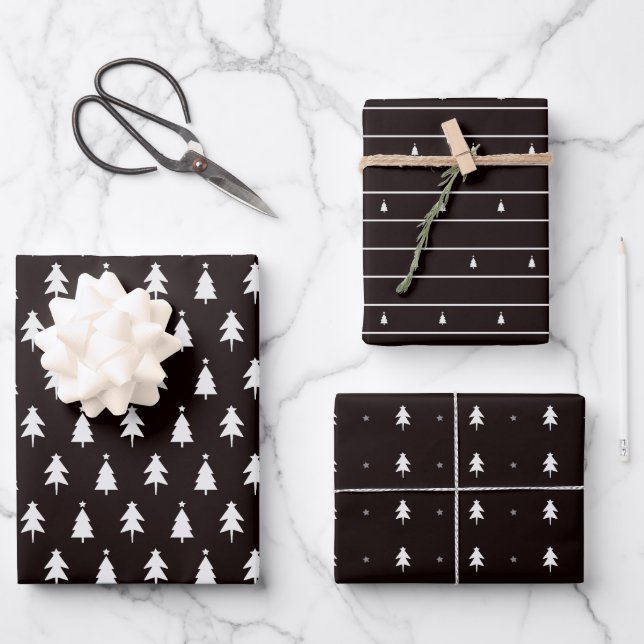 Elegant Black White Christmas Trees Wrapping Paper Sheet (Front)